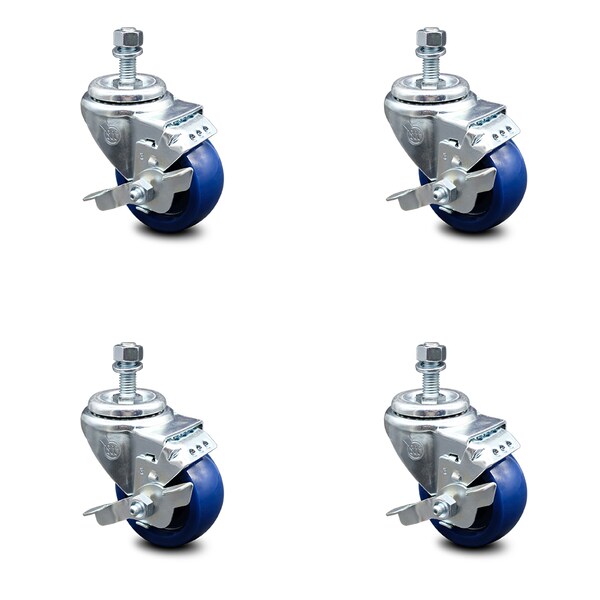 3 Inch Solid Polyurethane Swivel 10mm Threaded Stem Caster Set with Brake